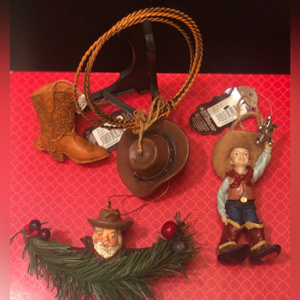 Vintage Western Ornament 4 pc. Set - Hat & Lasso - Boot - Sheriff - Miner NWT